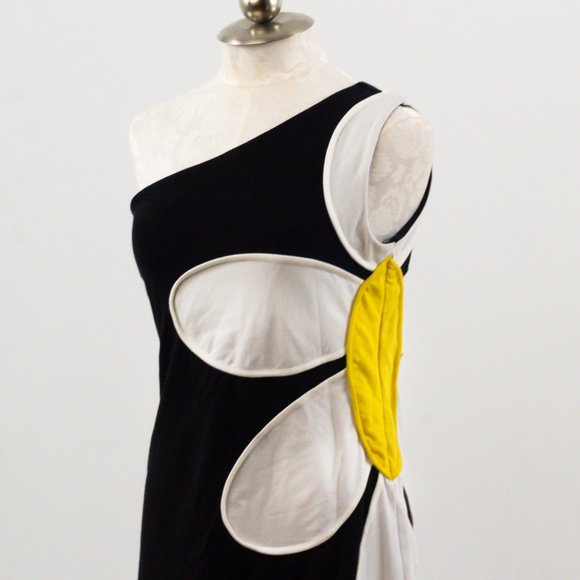 Vintage 90s L Thick One Shoulder Daisy Dress Black - Picture 7 of 10